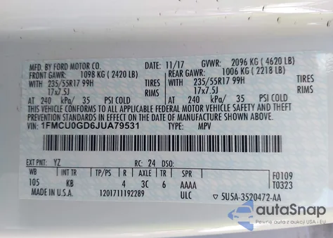 2018 Ford Escape Se из США, поврежденный, VIN 1FMCU0GD6JUA79531